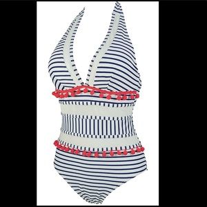 ❌SOLD COCOSHIP Women's Striped Mesh One Piece Swimsuit Pom Pom Tassel